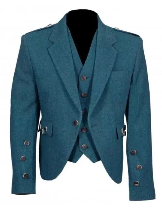 Scottish Men’s Argyle Tweed Blue Colour Coat With Vest Wedding Jacket