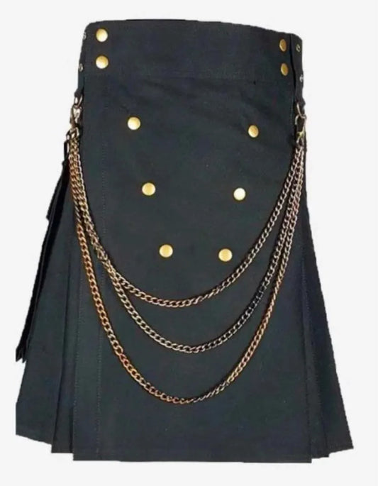 Scottish Modern Warrior Black Fashion Kilt For Man’s With Silver Chains