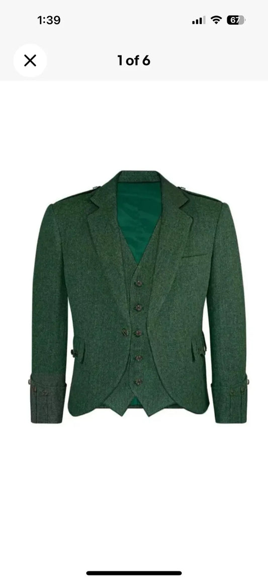 Scottish Men’s Lovat Green Argyle Kilt Jacket With Vest