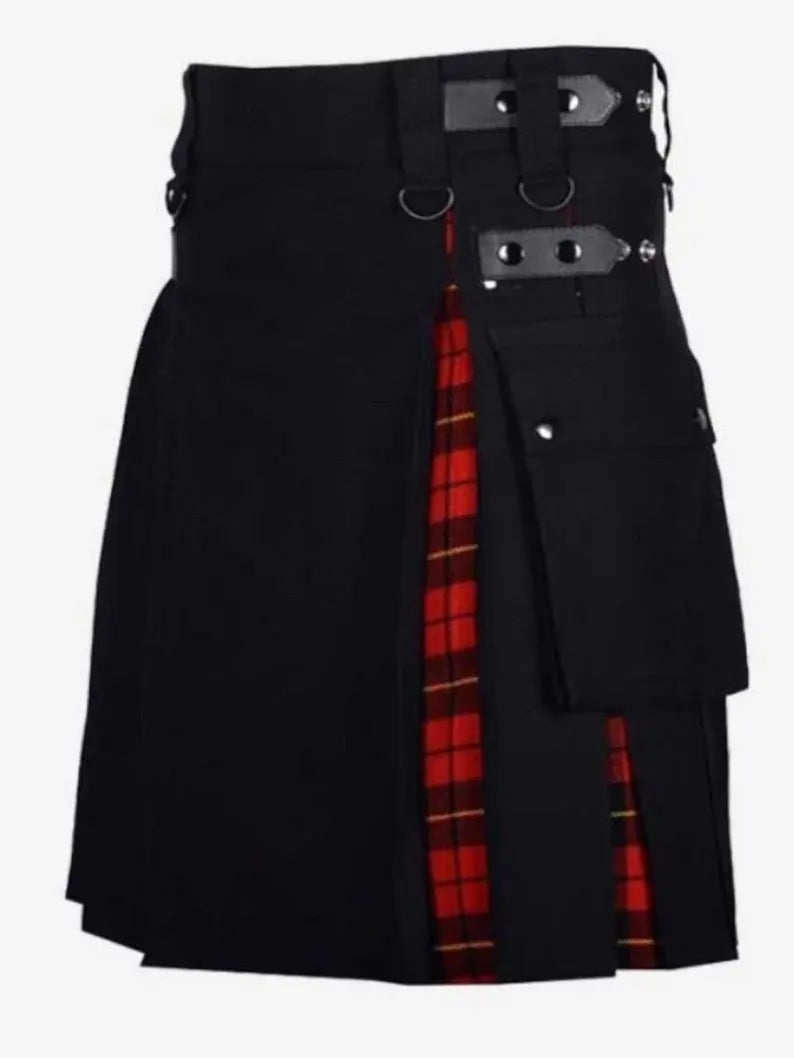 Scottish Black Cotton & Royal Stewart Tartan Kilt For Men’s