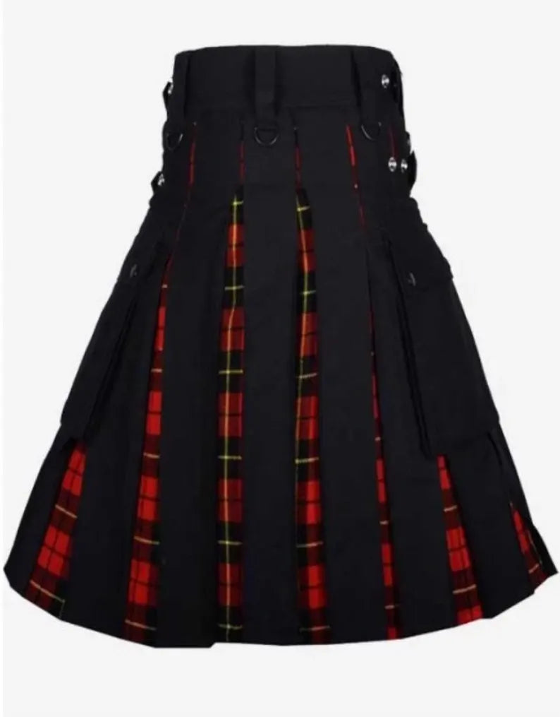 Scottish Black Cotton & Royal Stewart Tartan Kilt For Men’s