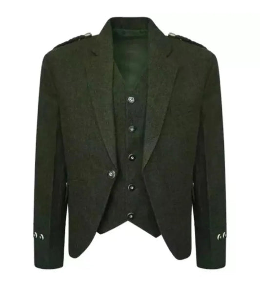 Scottish Men’s Argyle Tweed Olive Green Colour Coat With Vest Wedding Kilt Jacket