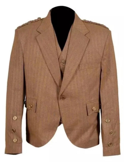 Scottish Men’s Argyle Tweed Beige Colour Coat With Vest Wedding Jacket