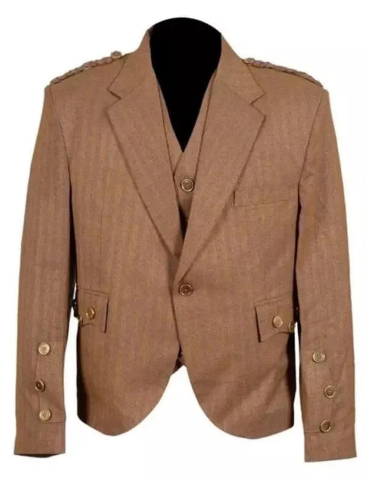 Scottish Men’s Argyle Tweed Beige Colour Coat With Vest Wedding Jacket