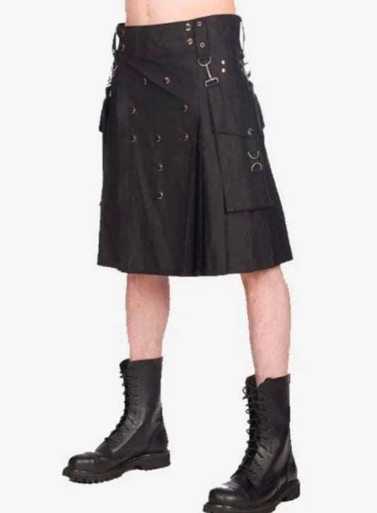 Scottish Men’s Balck Handmade Gothic Utility Kilt