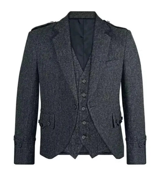 Scottish Men’s Charcoal Grey Blazer Wool Argyle Kilt Jacket