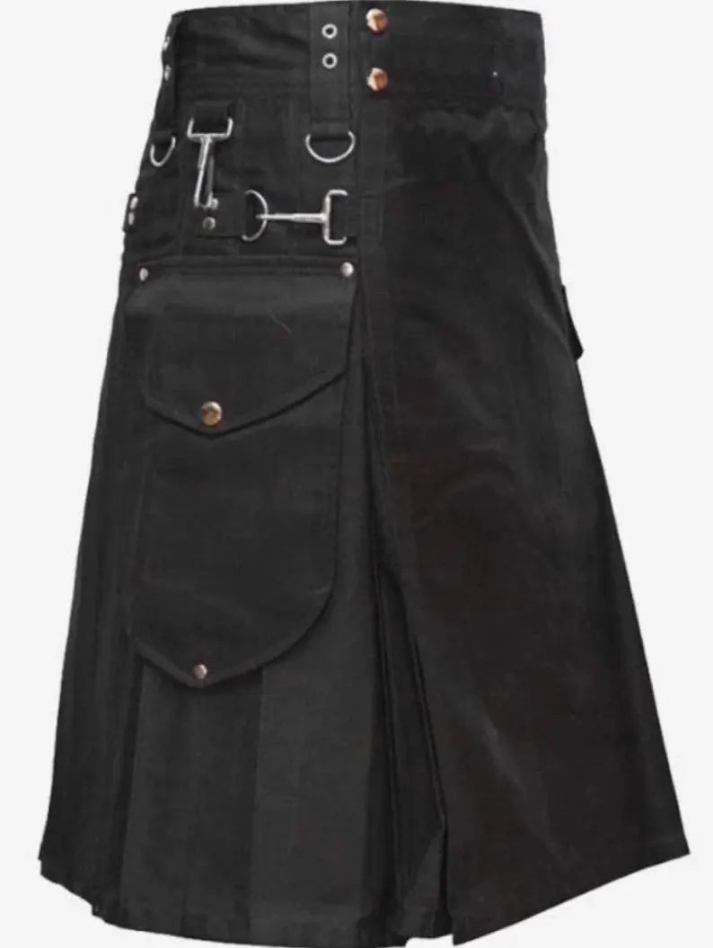 Scottish Black Modern Utility Handmade Kilt For Men’s