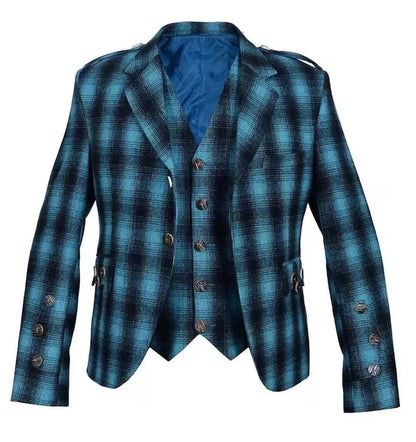 Scottish Men’s Argyle Tweed Blue Colour Coat With Vest Wedding Jacket