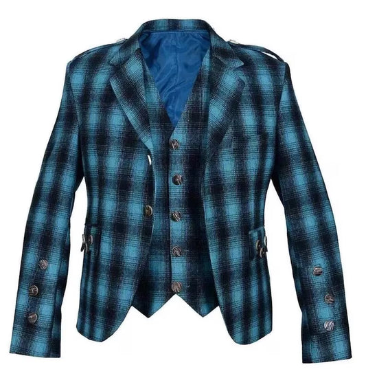 Scottish Men’s Argyle Tweed Blue Colour Coat With Vest Wedding Jacket