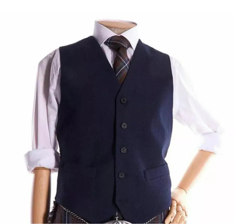 Scottish Men’s Navy Blue Argyle Wool Kilt With Vest Wedding Jacket