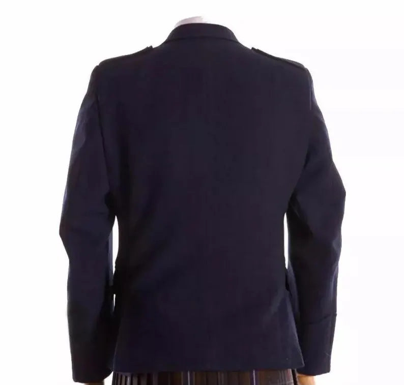 Scottish Men’s Navy Blue Argyle Wool Kilt With Vest Wedding Jacket
