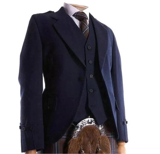 Scottish Men’s Navy Blue Argyle Wool Kilt With Vest Wedding Jacket
