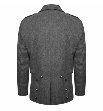 Scottish Men’s Gray Prince Charlie Tweed Jacket With WaistCoat Wedding Kilt Jacket