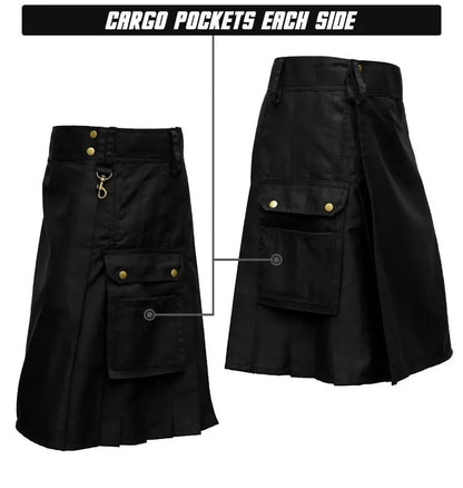 Scottish Men’s Utility Kilt With Cargo Pockets HandMade Cotton Black Tartan !