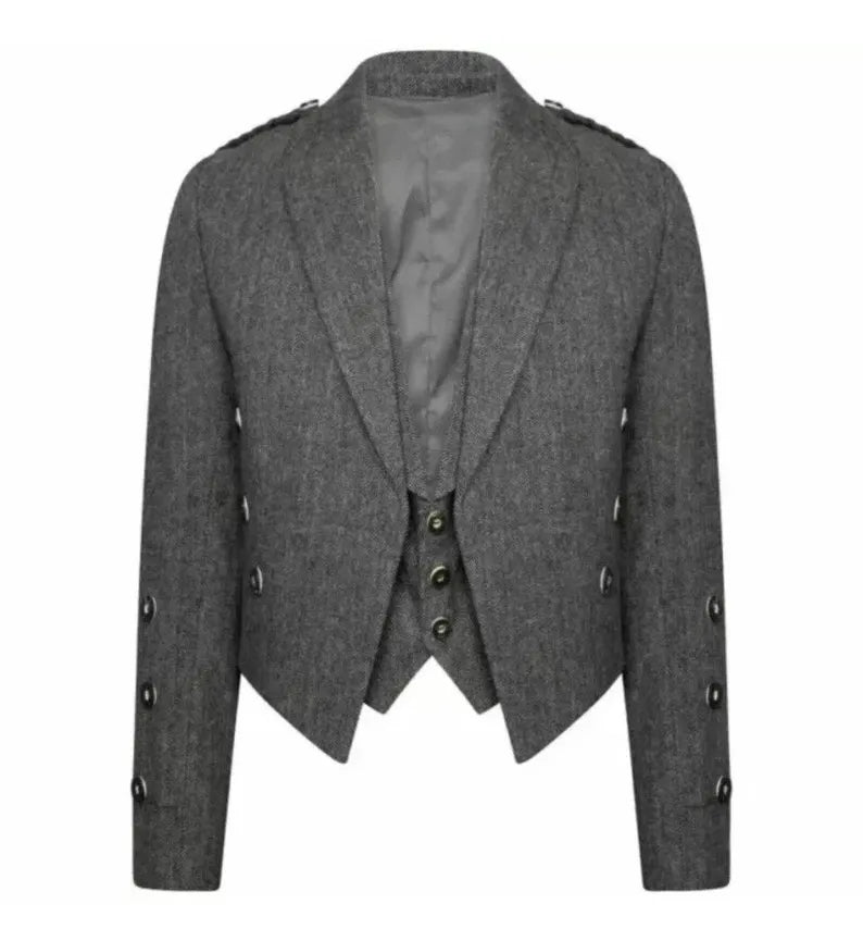 Scottish Men’s Gray Prince Charlie Tweed Jacket With WaistCoat Wedding Kilt Jacket