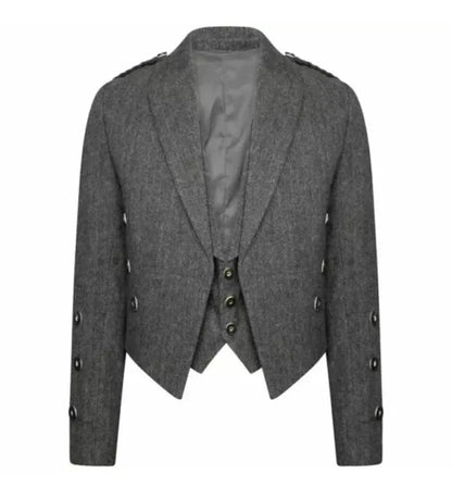 Scottish Men’s Gray Prince Charlie Tweed Jacket With WaistCoat Wedding Kilt Jacket