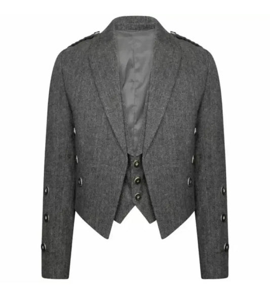 Scottish Men’s Gray Prince Charlie Tweed Jacket With WaistCoat Wedding Kilt Jacket