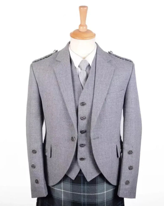 Scottish Light Grey Wool Blazer Crail kilt Jacket & Vest Bone Buttons Wedding Jacket