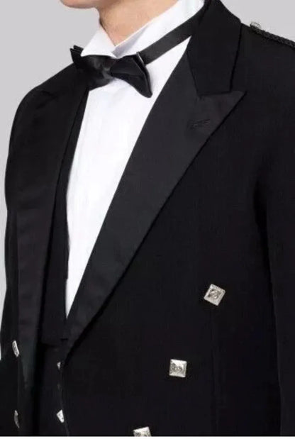 Scottish Men’s Black Prince Charlie Jacket With WaistCoat Wedding Kilt Jacket