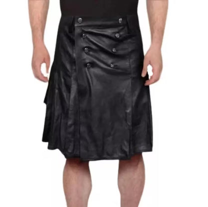 Pure Leather Kilt for Men: Button Closure, Pleated Design