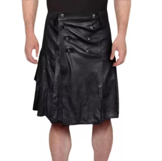 Pure Leather Kilt for Men: Button Closure, Pleated Design