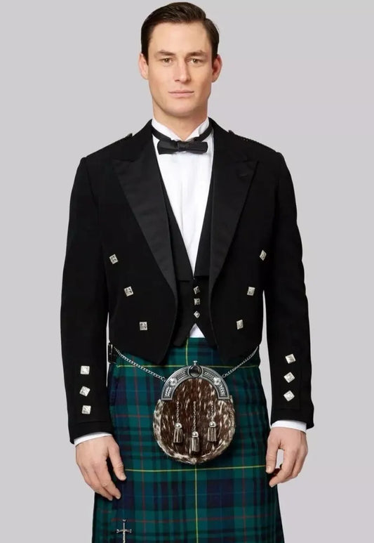 Scottish Men’s Black Prince Charlie Jacket With WaistCoat Wedding Kilt Jacket
