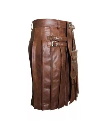 Brown Leather Kilt for Men: Zipped Pocket, Pleated Design