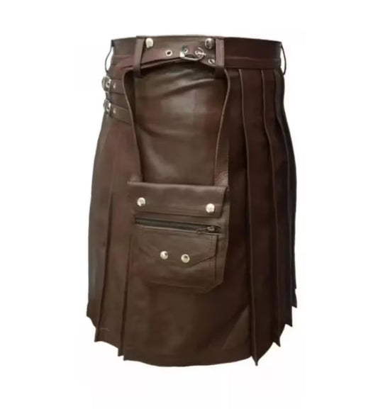 Brown Leather Kilt for Men: Zipped Pocket, Pleated Design