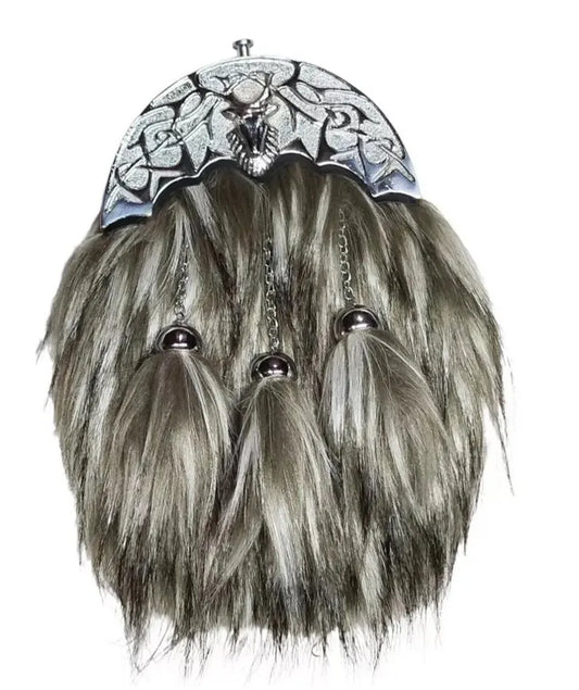 Grey Vegan Sporran 100% Synthetic Fur and Vegan Leather