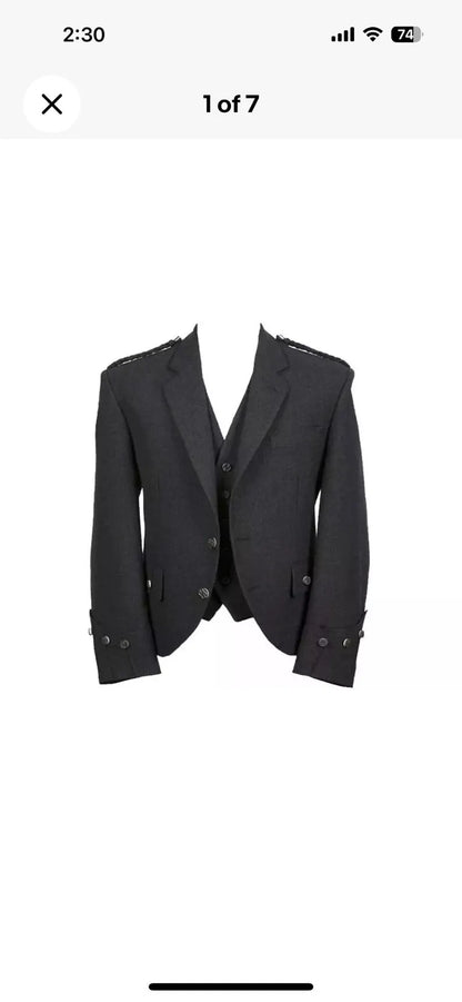 Scottish Men’s Charcoal Gray Wool Argyle Kilt Jacket With Waist Coat