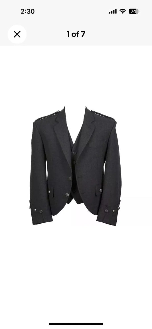 Scottish Men’s Charcoal Gray Wool Argyle Kilt Jacket With Waist Coat