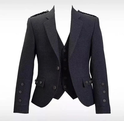 Scottish Men’s Gray Prince Charlie Jacket With WaistCoat Wedding Kilt Jacket