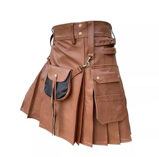 Leather Kilt For Men’s Made IN Brown Colour Button Closer And Belted Waist