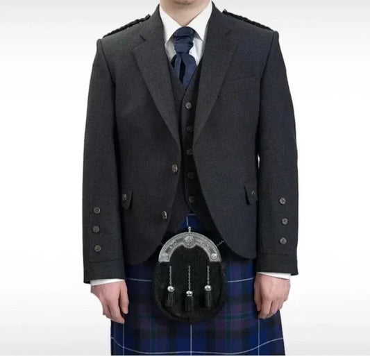 Scottish Men’s Gray Prince Charlie Jacket With WaistCoat Wedding Kilt Jacket