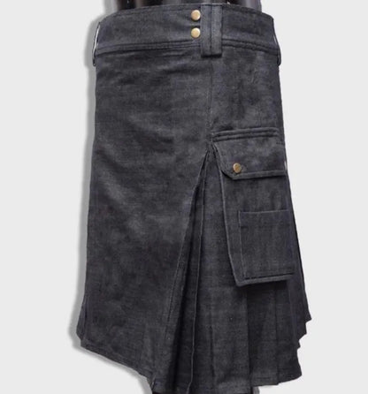 Scottish Black Denim Utility Kilt For Men’s !
