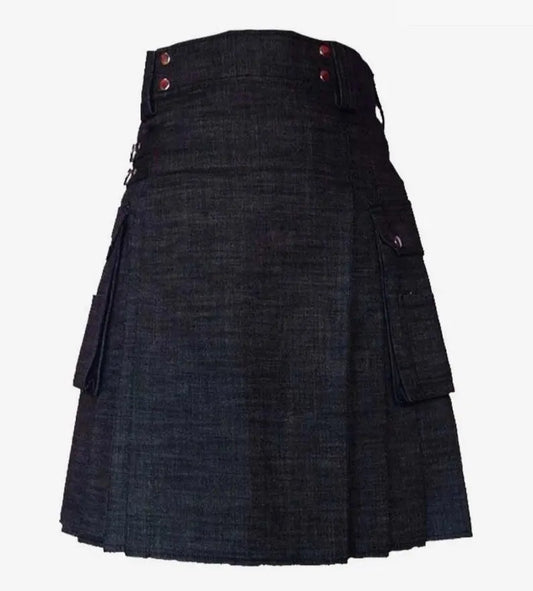 Scottish Luxury Black Denim Kilt With Cargo pockets For Men’s !