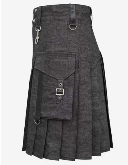 Gothic Denim Utility Kilt: Heavy Scottish Style with Straps