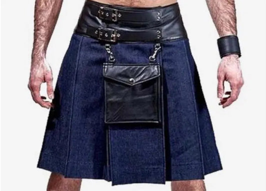 Scottish Blue Denim Utility Kilt With Leather pouch Foramen's