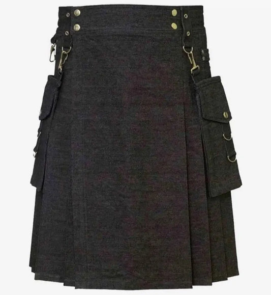 Scottish Denim Utility Kilt With Detectable Pockets For Men’s !