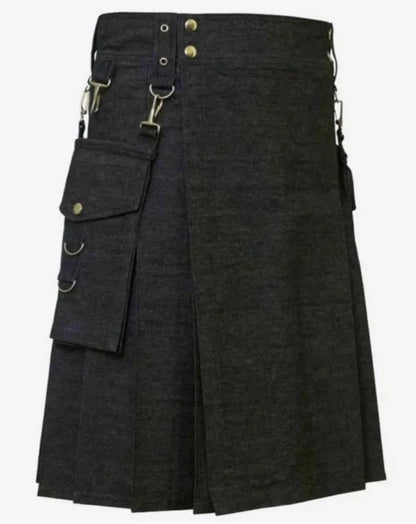Scottish Denim Utility Kilt With Detectable Pockets For Men’s !