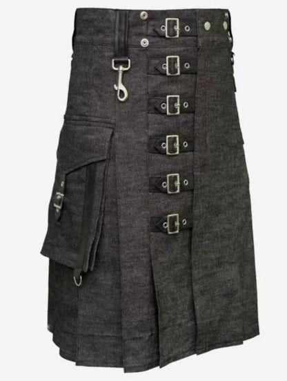 Gothic Denim Utility Kilt: Heavy Scottish Style with Straps