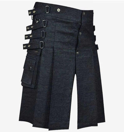Scottish Modern Black Denim Utility Kilt For Men’s !