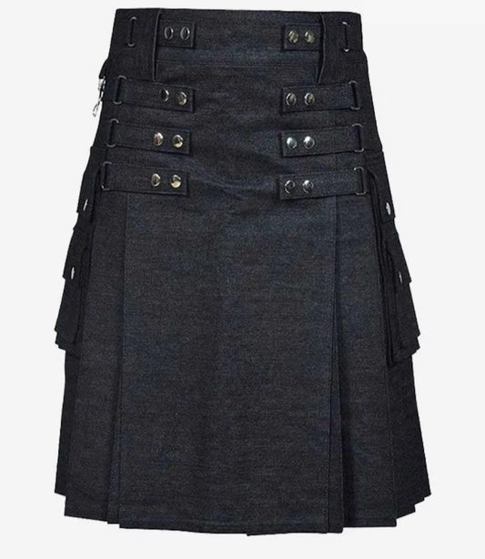 Scottish Modern Black Denim Utility Kilt For Men’s !