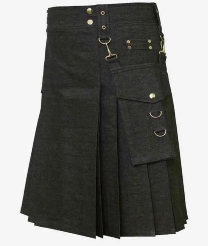 Scottish Denim Utility Kilt With Detectable Pockets For Men’s !
