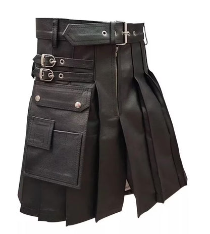 Leather Kilt For Men’s with Belt Closer and Side Buckel Design With Huge Pocket