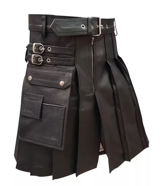 Leather Kilt For Men’s with Belt Closer and Side Buckel Design With Huge Pocket