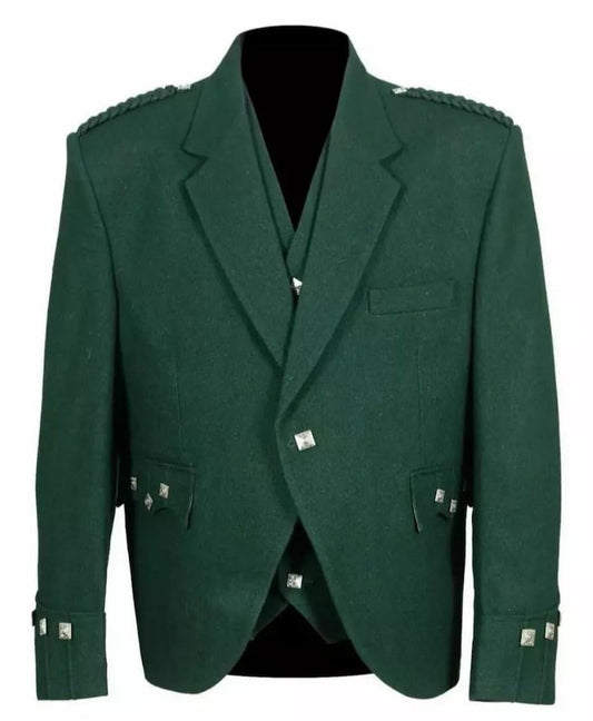 Scottish Men’s Dark Green Argyle Wool Kilt Jacket with Vest