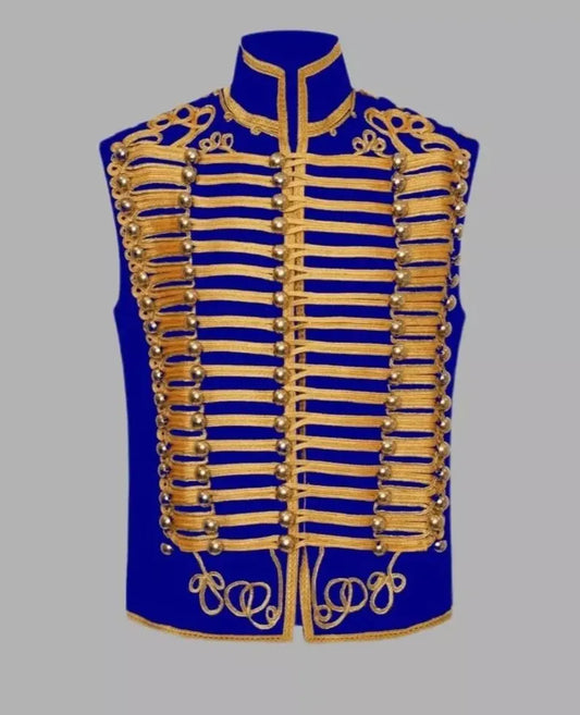 Men’s Royal Blue Sleeveless Military Drummer Parade Hussar Jacket Adam Luxe Vest