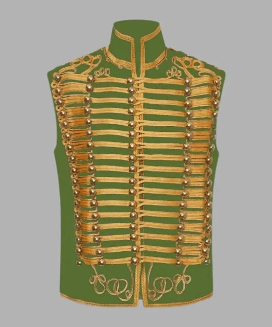 Men’s Green Sleeveless Military Drummer Parade Hussar Jacket Adam Luxe Vest