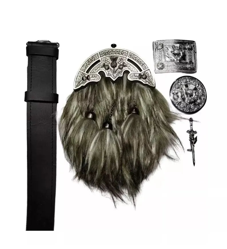 Antiqe Vegan Sporran Kilt Belt Buckle Thistle Badge Kilt Fly Plaid Brooch And pin